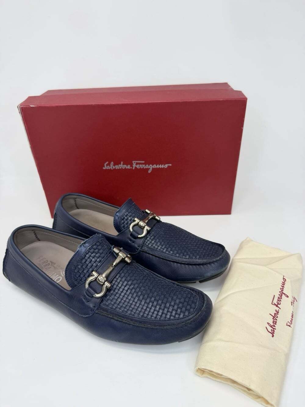 Salvatore Ferragamo Mens 9 D Gancini Bit Navy Blue Leather Woven Driving Loafers